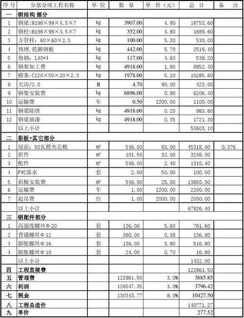 钢结构工程报价单
