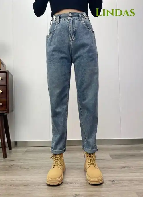 lindas牛仔裤穿搭个性款收腰哈伦牛仔裤