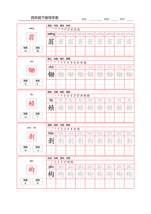 统编人教版语文四年级下册写字表练字帖三合一pdf150页