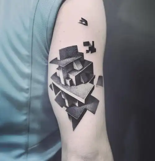 大臂黑灰几何风立体图形纹身图案