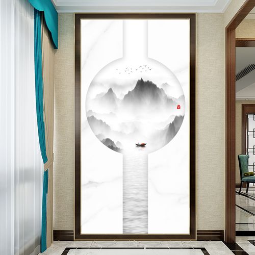 2020新款玄关壁纸圆形山水背景墙创意造型墙纸壁布无缝竖版壁画8d