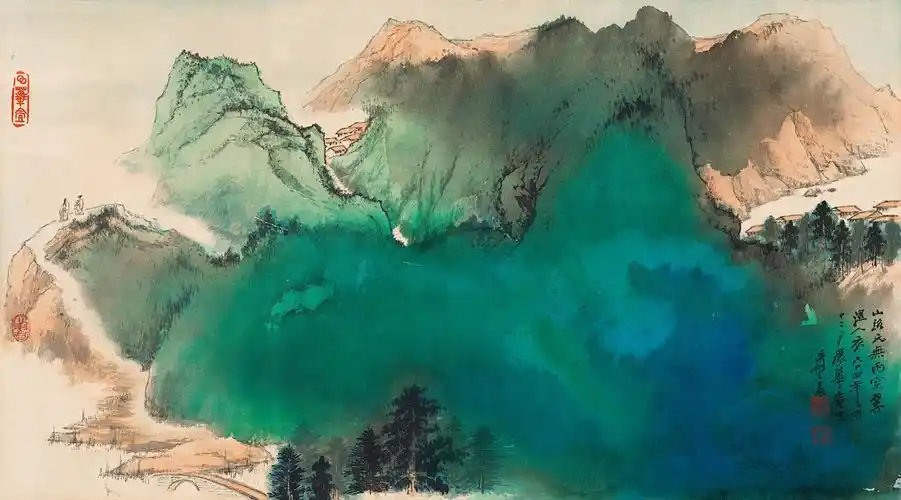 近代高清微装饰画清微真迹张大千国画山水水彩泼墨国画