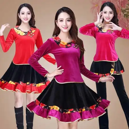 杨丽萍秋冬广场舞最新款金丝绒套装民族舞蹈服演出服装女套装清仓大红