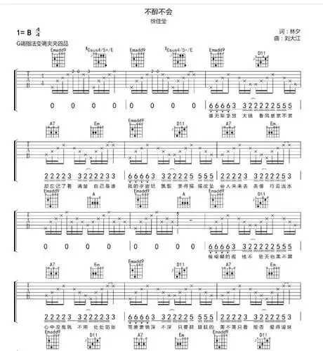 田馥甄原唱歌曲《不醉不会》吉他谱-明明简谱网