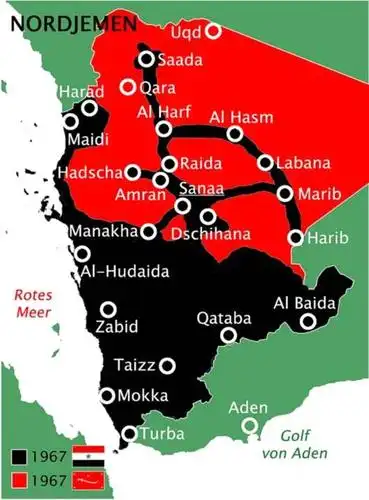 1967年北也门局势,黑色为共和派控制区,红色为保皇派控制区1967年11月