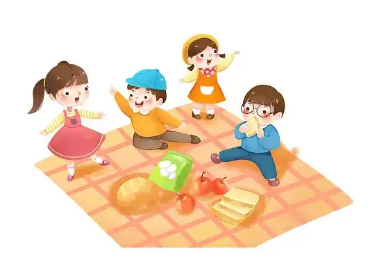 彩色手绘卡通儿童小孩人物野餐春分春天春季元素png素材