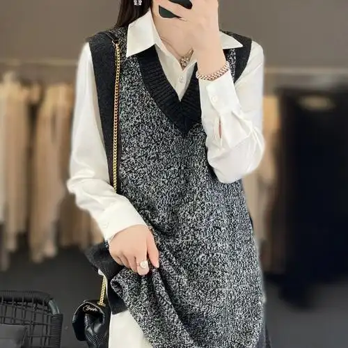 v领彩丝花纱羊毛针织背心女外搭宽松无袖 坎肩马甲潮 - 女装/女士精品