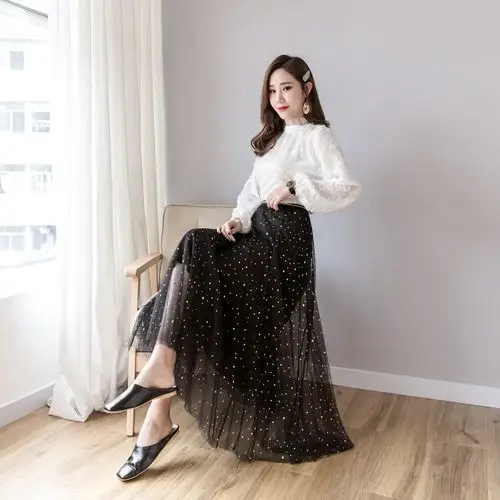 2020百搭网纱半身裙秋冬女中长款a字裙高腰冬天配毛衣仙女纱裙子