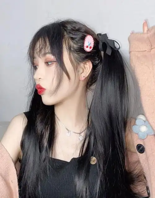 天使丝丝jk双马尾假发女假发卷马尾绑带式直马尾假发片软妹萝莉辫黑两