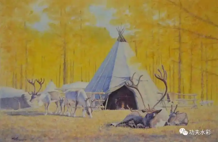 cm鄂温克人的驯鹿 | 水彩画 | 56x76cm鄂温克人的营地系列