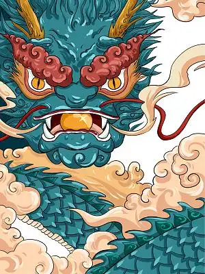 绿色手绘古风国潮风中国风龙装饰国潮元素png素材