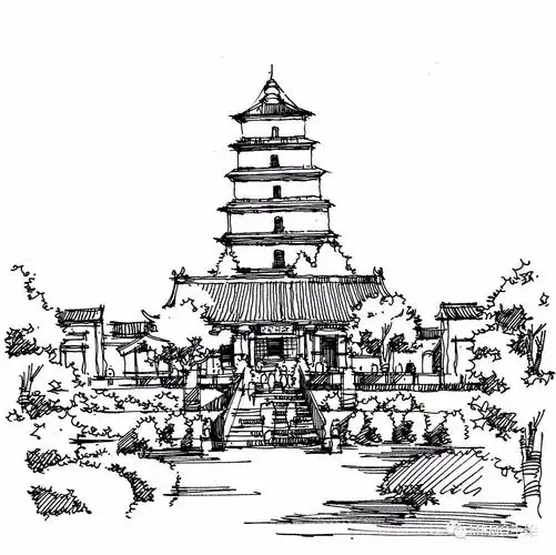 手绘教程|手绘西安大雁塔