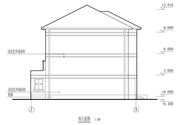 图14-23 例14-3图3(西立面图)(1)对照平面图阅读上述各图的图名,比例