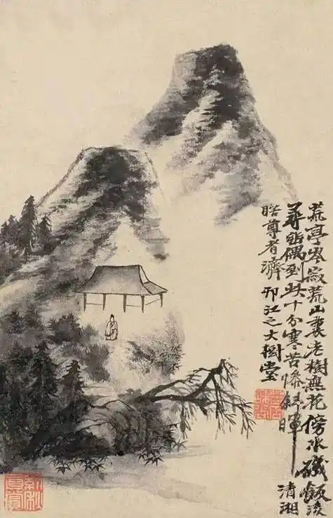 八大(待定) 八大山人是用米点皴法的高手,他的山水画大部分是用米点皴