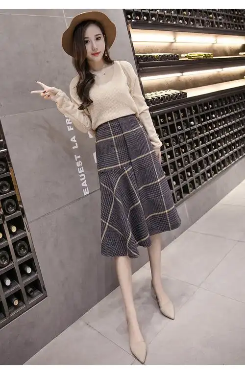 格子半身裙女秋2017冬季新款高腰不规则毛呢中长款a字裙一步裙