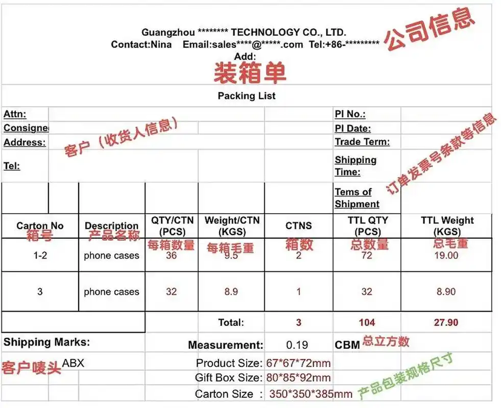 外贸出口装箱单(packing list ) 做外贸出口订单必备的产品装箱单
