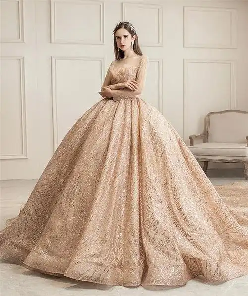 纳维娜重工主婚纱礼服新娘豪华奢侈香槟色奢华大拖尾长袖星空女