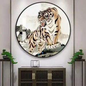 老虎挂画猛虎上下山入户玄关装饰画中式圆形招财镇宅客厅壁画轻奢