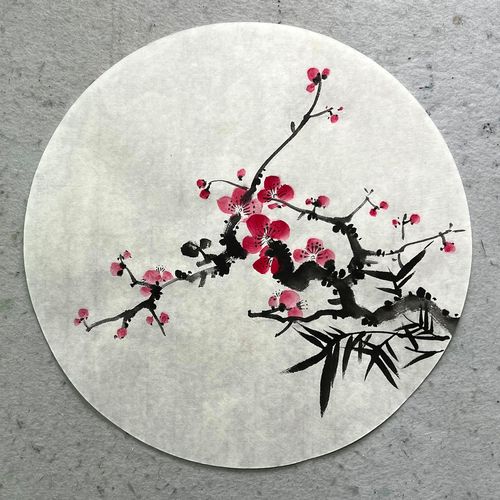 手绘扇面圆形4202装饰画墙挂画新中式国画宣纸画芯无款玄关画梅花