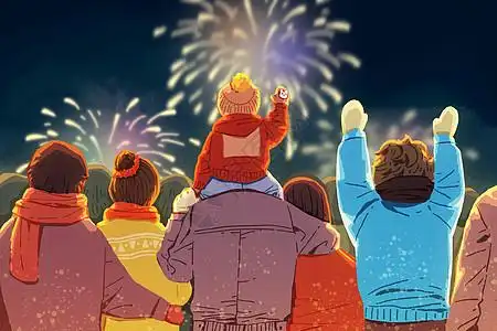 阴森的背影,跨年人群看烟花秀插画