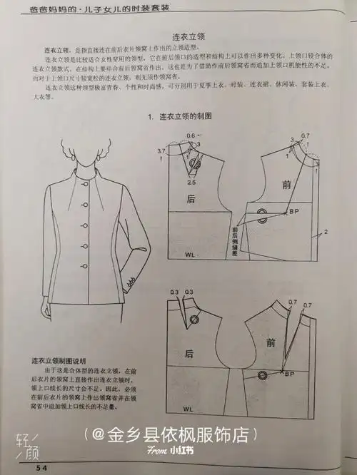 服装设计常用的连身立领款式图与裁剪图
