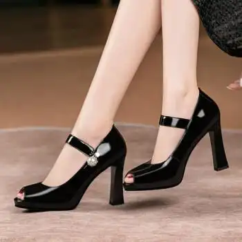 鞋漆皮2022新款防水台粗跟鱼嘴凉鞋长腿女神宴会百搭10cm走秀鞋黑色36