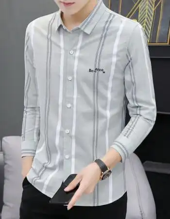 男士衬衫春秋款长袖打底衫潮流帅气青年内搭条纹休闲免烫衬衣742浅