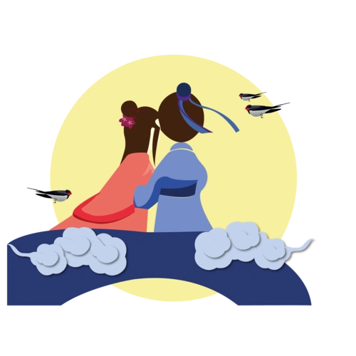 七夕情人节手绘牛郎织女矢量图