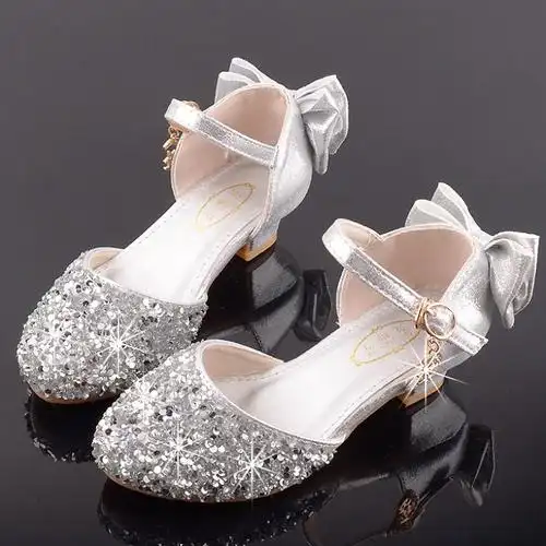闪亮礼服公主鞋模特走秀高跟银色儿童配皮鞋演出裙女童舞台水晶鞋