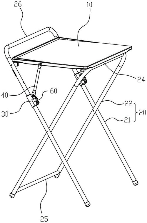 背景技术:折叠桌的桌板与桌腿转动铰接,不使用的时候可以收起桌板,靠