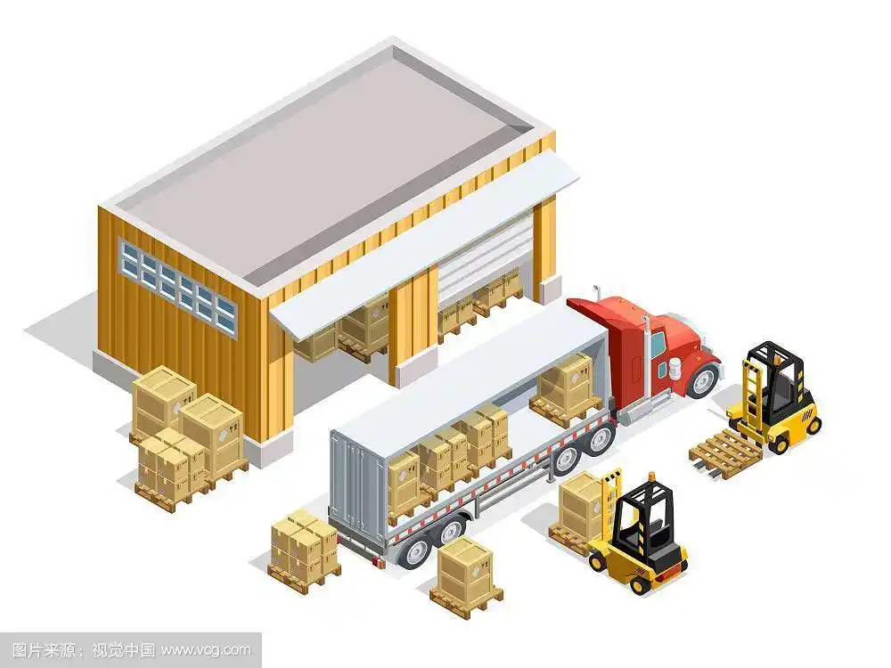 仓库等距模板.仓库等距模板与存储和叉车装载货物到卡车矢量插图