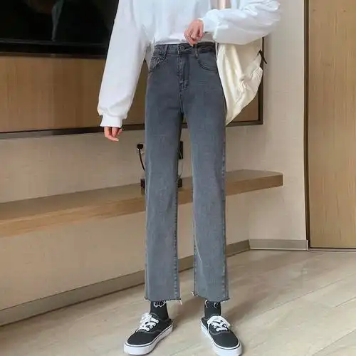 实拍 高弹力高腰直筒裤灰色烟管裤牛仔裤女九分裤显高显瘦小个子