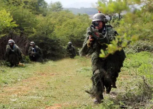海军陆战队穿上吉利服进行特战训练