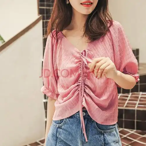 v领雪纺上衣女短袖2020新款夏装韩版宽松甜美短款抽绳小衫 粉色 l