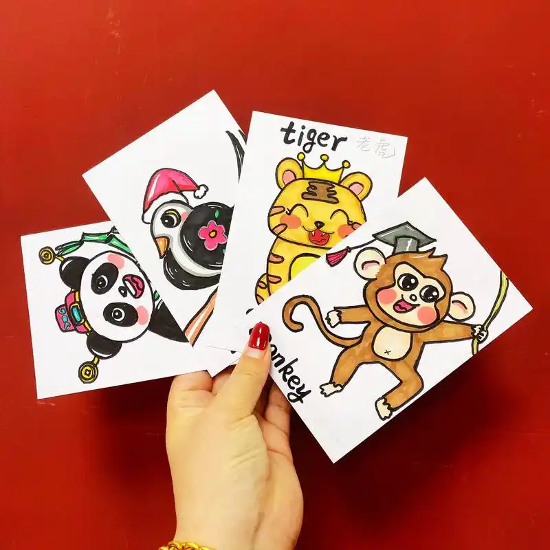 手绘小动物单词卡片呆家里的宝贝画起来吧