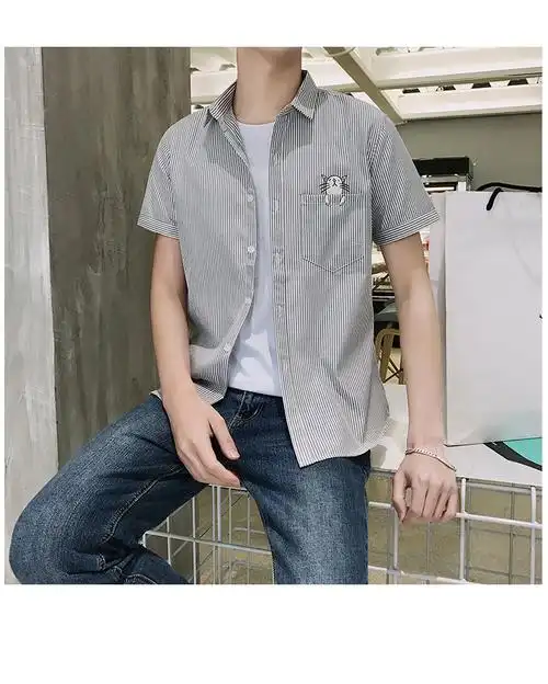 条纹短袖衬衫男夏季潮流oversize休闲衬衣韩版宽松上衣潮143 - 17网