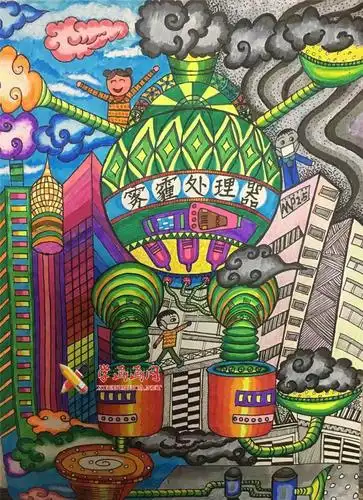 三等奖儿童环保科幻画《雾霾处理器》