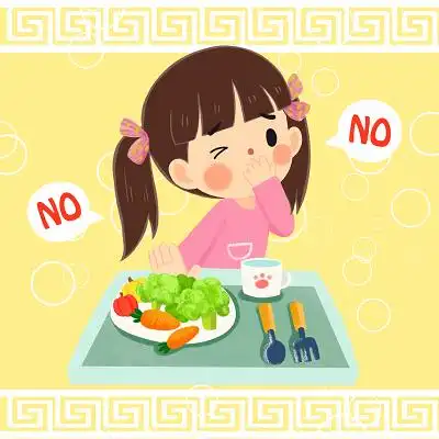 卡通手绘粉色衣服挑食小女孩拒绝吃饭