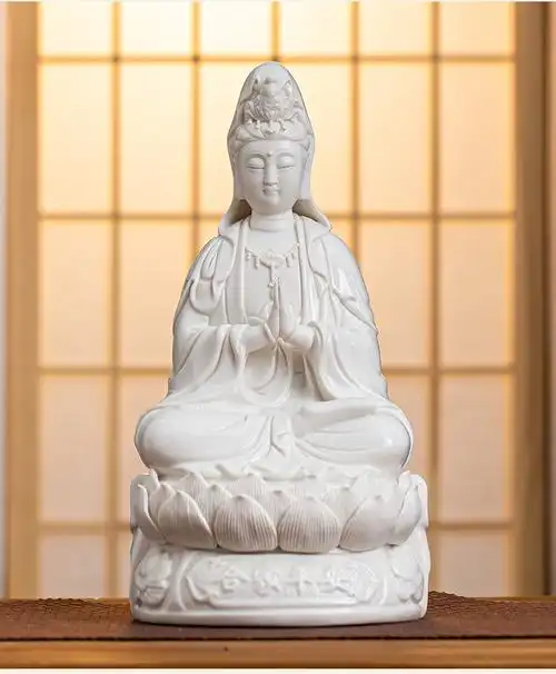 檬施佐白瓷合手观音佛像家居饰品坐莲南海观世音菩萨供奉家用摆件合手