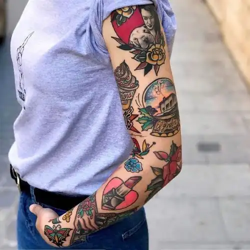 个性炫酷的oldschool拼接花臂纹身图片9张3