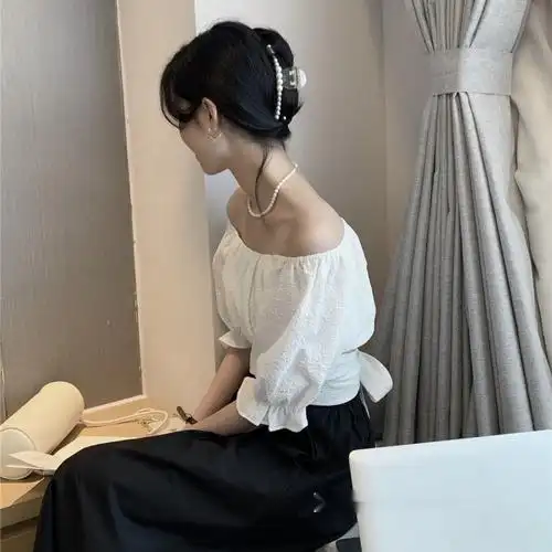 韩国2023夏季小心机背后系带短款一字领泡泡袖上衣蝴蝶结短袖衬衫
