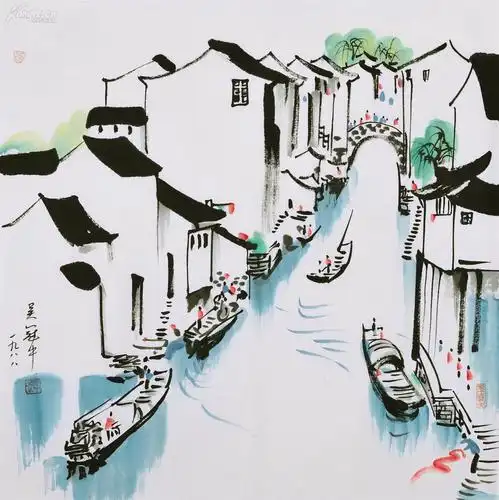 油画家,美术教育家"吴冠中"四尺斗方山水画《江南水乡》,纯手绘作品