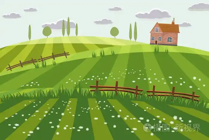 田野, 野花, 丘陵, 地平线上的树木, 栅栏, 向量, 插图, 孤立的, 卡通