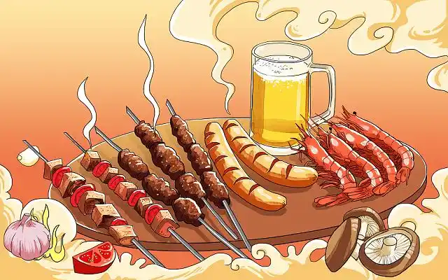 山水美食龙虾啤酒国潮风祥云展板背景夏日美食烧烤背景黄色渐变卡通