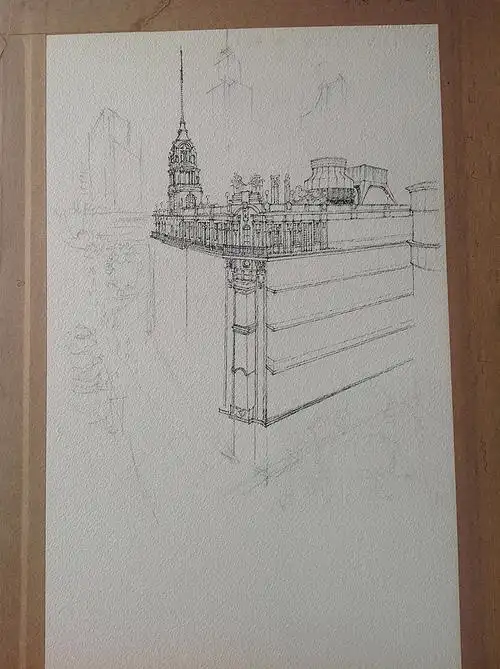 建筑手绘上海街道俯视线稿过程