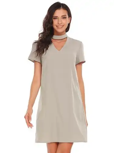 grey short sleeve solid v neck lace casual dress