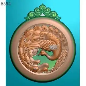5594圆牌花头孔雀百鸟之王雕刻素材北京精雕图jdp灰度图bmp浮雕图