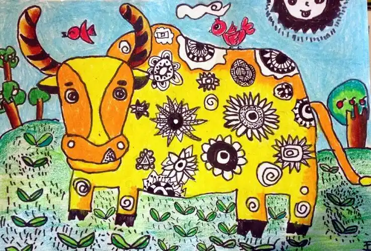 少儿书画作品-《线描---大花牛》/儿童书画作品《线描---大花牛》欣赏