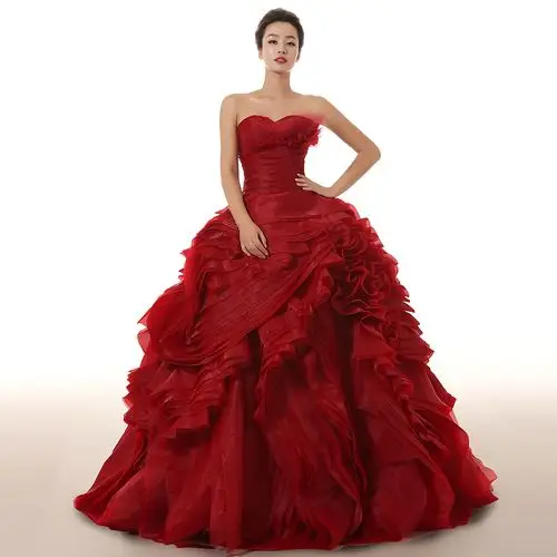 酒红色婚纱礼服2017新款抹胸时尚大码显瘦修身公主拖尾婚纱新娘秋