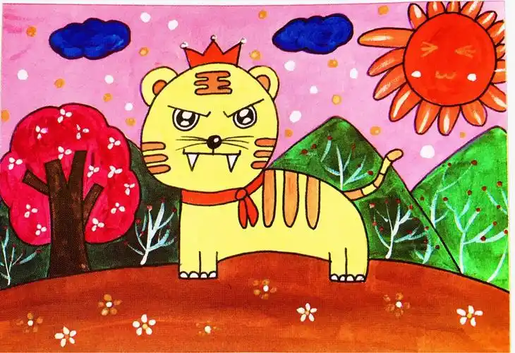 山中的小老虎,鲜艳的颜色,流畅的线条,马上就要上完色完成了,一起